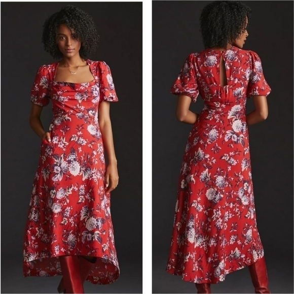 Anthropologie Maeve Mavis Puff Sleeve Floral Midi Dress Orange Boho Cottage 4 - Picture 1 of 14